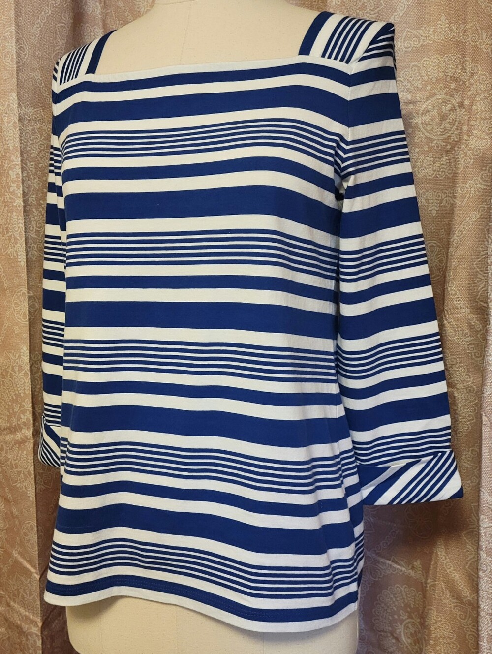 Talbots Blue and White Striped Square-Neck Tunic Top